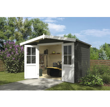 Abri de jardin ouvert en bois avec tondeuse à gazon