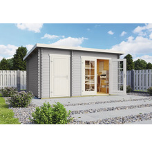 Abri de jardin gris avec mobilier de bureau et doubles portes ouvertes