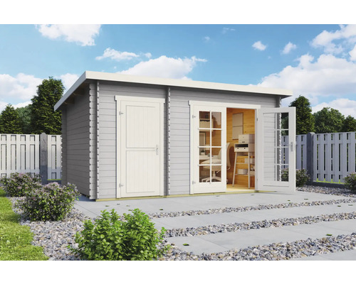 Abri de jardin gris avec mobilier de bureau et doubles portes ouvertes