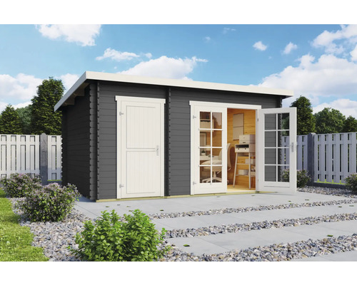 Abri de jardin en bois avec double porte et porte simple à l''extérieur