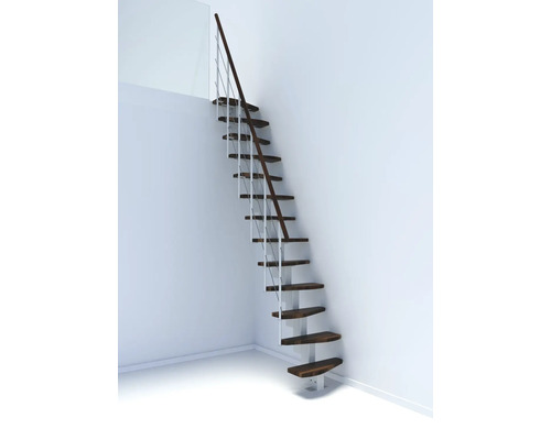 Raumansicht mit Raumspartreppe mit Holzstufen und Stahlgeländer