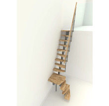 Raumansicht einer einläufigen Treppe mit Holzstufen und Metallgeländer