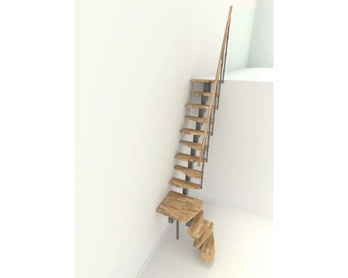 Raumansicht einer einläufigen Treppe mit Holzstufen und Metallgeländer