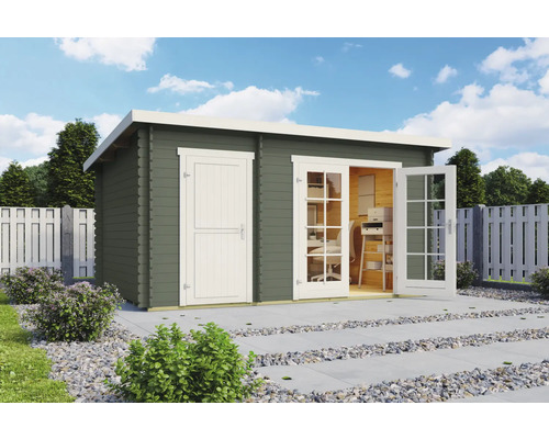 Abri de jardin Outdoor Life Belmont 1 avec plancher 420 x 288,8 cm gris vert Abri de jardin en bois avec double porte et porte simple sur fond de ciel bleu