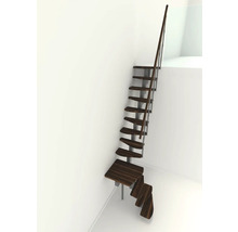 Holztreppe mit Metallstruktur und Geländer an einer weissen Wand