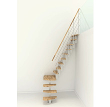 Holztreppe mit Geländer aus Edelstahl in einem hellen Raum