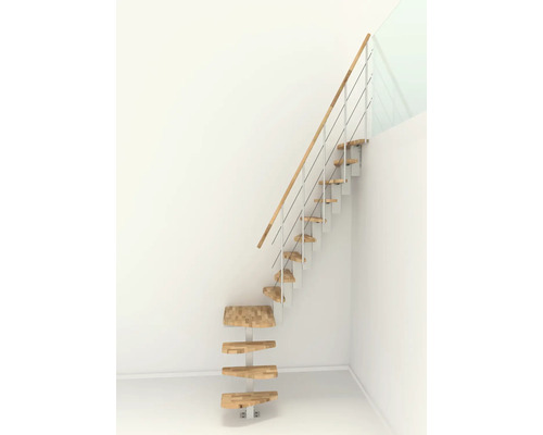 Holztreppe mit Geländer aus Edelstahl in einem hellen Raum