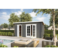 Jardin avec cabanon de jardin moderne en bois, piscine et sièges