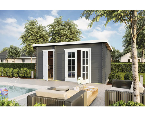 Abri de jardin Outdoor Life Belmont 2 avec plancher 465 x 318,9 cm gris carbone Jardin avec cabanon de jardin moderne en bois, piscine et sièges