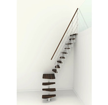 Treppe mit Holzstufen und Edelstahlgeländer vor einer Wand