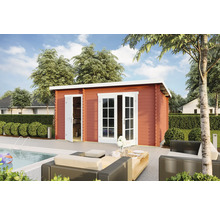 Abri de jardin en bois avec piscine et sièges extérieurs