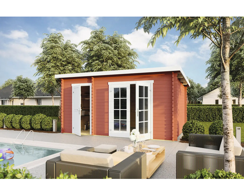 Abri de jardin Outdoor Life Belmont 2 avec plancher 465 x 318,9 cm rouge de falun Abri de jardin en bois avec piscine et sièges extérieurs