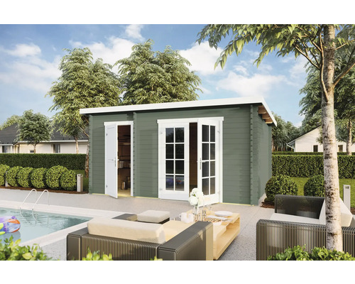 Abri de jardin Outdoor Life Belmont 2 avec plancher 465 x 318,9 cm gris vert Abri de jardin en bois avec porte double et porte simple dans un jardin au bord d''une piscine