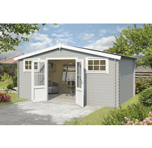 Abri de jardin avec double porte et fenêtres dans le jardin