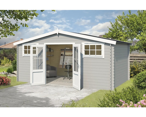 Abri de jardin Outdoor Life Boston 518,6 x 312 cm gris clair Abri de jardin avec double porte et fenêtres dans le jardin