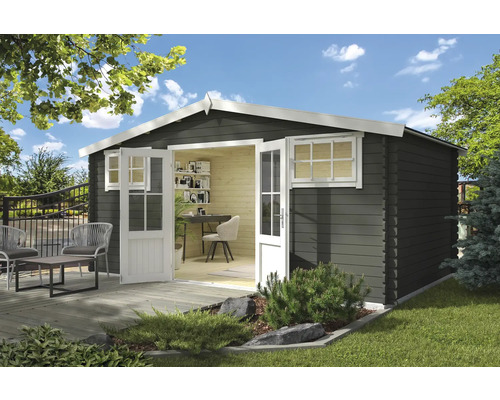 Abri de jardin Outdoor Life Boston 518,6 x 312 cm gris vert Abri de jardin avec porte à deux battants ouverte, fenêtre et terrasse avec mobilier de jardin