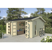 Abri de jardin en bois avec portes doubles ouvertes, fenêtre et vélo