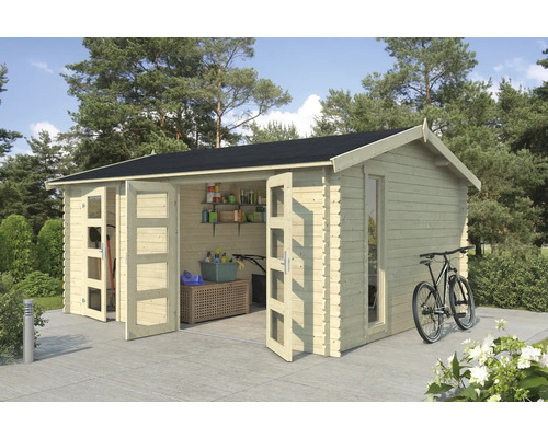 Abri de jardin Outdoor Life Carroz 2 496 x 403,4 cm nature Abri de jardin en bois avec portes doubles ouvertes, fenêtre et vélo