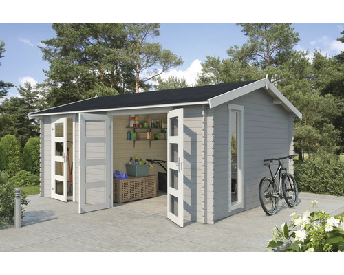 Abri de jardin Outdoor Life Carroz 2 496 x 403,4 cm gris clair Abri de jardin avec porte double et vélo à côté