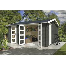 Abri de jardin avec portes doubles ouvertes, tondeuse à gazon et étagères de rangement