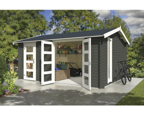 Abri de jardin Outdoor Life Carroz 2 496 x 403,4 cm gris vert Abri de jardin avec portes doubles ouvertes, tondeuse à gazon et étagères de rangement