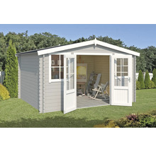 Abri de jardin avec porte double et fenêtre dans le jardin