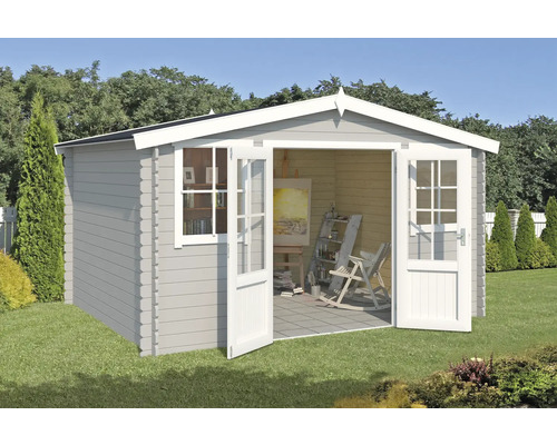 Abri de jardin Outdoor Life Dallas 410,9 x 312 cm gris clair Abri de jardin avec porte double et fenêtre dans le jardin