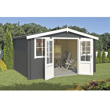 Jardin avec abri de jardin gris, portes ouvertes, fenêtre et aménagement intérieur