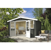 Abri de jardin avec portes doubles ouvertes, fenêtres et atelier de peinture