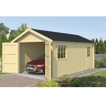 Garage en bois avec fenêtre et allée