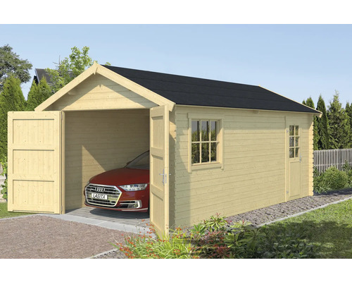 Garage en bois avec fenêtre et allée