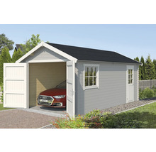 Garage en bois avec double porte, porte latérale et fenêtre pour ranger une voiture