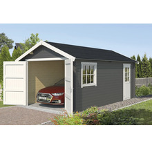 Garage en bois avec fenêtre, porte et porte de garage ouverte