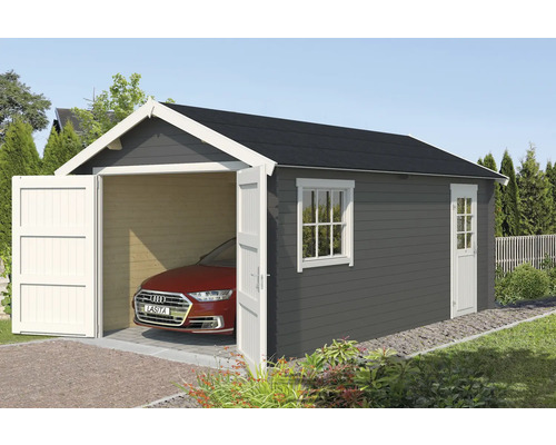 Garage en bois avec fenêtre, porte et porte de garage ouverte