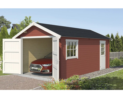 Garage en bois avec fenêtre et porte latérale et une voiture garée à l''intérieur