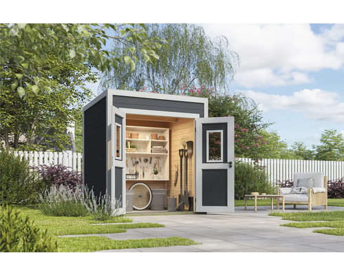 Scène de jardin avec abri de jardin ouvert, mobilier de jardin et outils de jardin