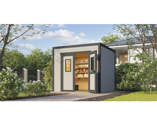 Abri de jardin Outdoor Life Felix 1,5 250 x 207,4 cm gris clair Abri de jardin en bois avec portes ouvertes et étagères à l''intérieur