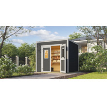 Abri de jardin en bois gris avec portes ouvertes et étagères de rangement