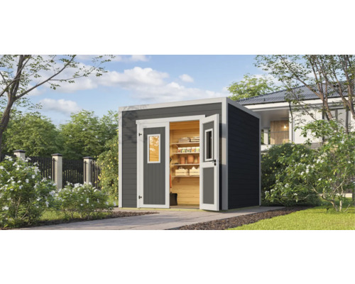 Abri de jardin Outdoor Life Felix 1,5 250 x 207,4 cm gris vert Abri de jardin en bois gris avec portes ouvertes et étagères de rangement