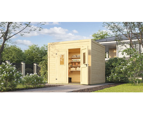 Abri de jardin Outdoor Life Felix 2 250 x 257,5 cm nature Abri de jardin en bois avec portes ouvertes et étagères de rangement