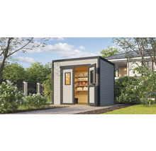 Abri de jardin en bois avec portes ouvertes et étagères à l''intérieur