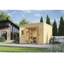 Abri de jardin moderne en bois avec portes doubles ouvertes et étagère à l''intérieur