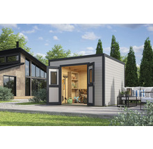 Abri de jardin avec portes doubles ouvertes, étagères et outils de jardin