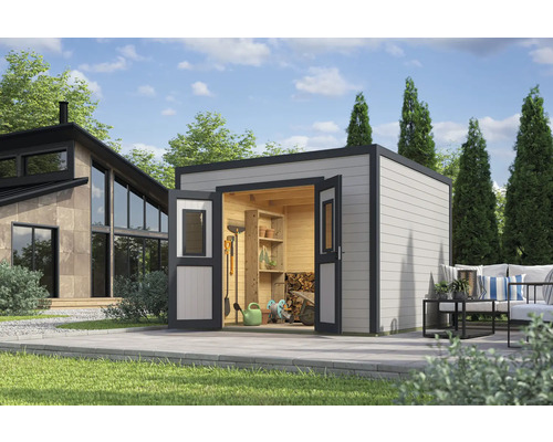 Abri de jardin avec portes doubles ouvertes, étagères et outils de jardin