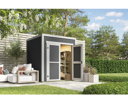 Abri de jardin Outdoor Life Fynn 1 200 x 207,4 cm gris carbone Abri de jardin avec double porte et étagères dans le jardin