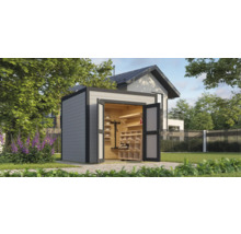 Abri de jardin avec portes ouvertes et étagères de rangement