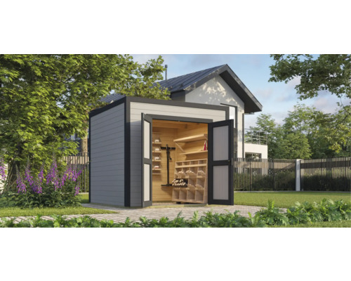 Abri de jardin Outdoor Life Fynn 1,5 250 x 207,4 cm gris clair Abri de jardin avec portes ouvertes et étagères de rangement