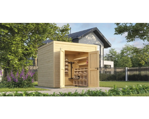 Abri de jardin Outdoor Life Fynn 2 250 x 257,5 cm nature Abri de jardin en bois avec portes ouvertes et étagères de rangement dans le jardin.