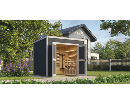 Abri de jardin Outdoor Life Fynn 2 250 x 257,5 cm gris carbone Abri de jardin en bois avec étagères et portes ouvertes