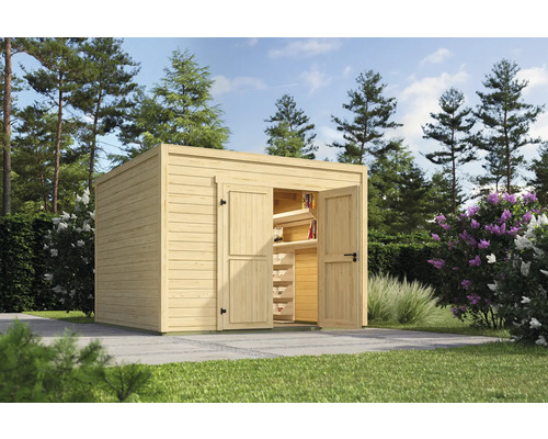 Abri de jardin Outdoor Life Fynn 3 300 x 304,6 cm nature Abri de jardin en bois avec étagères et portes ouvertes dans le jardin